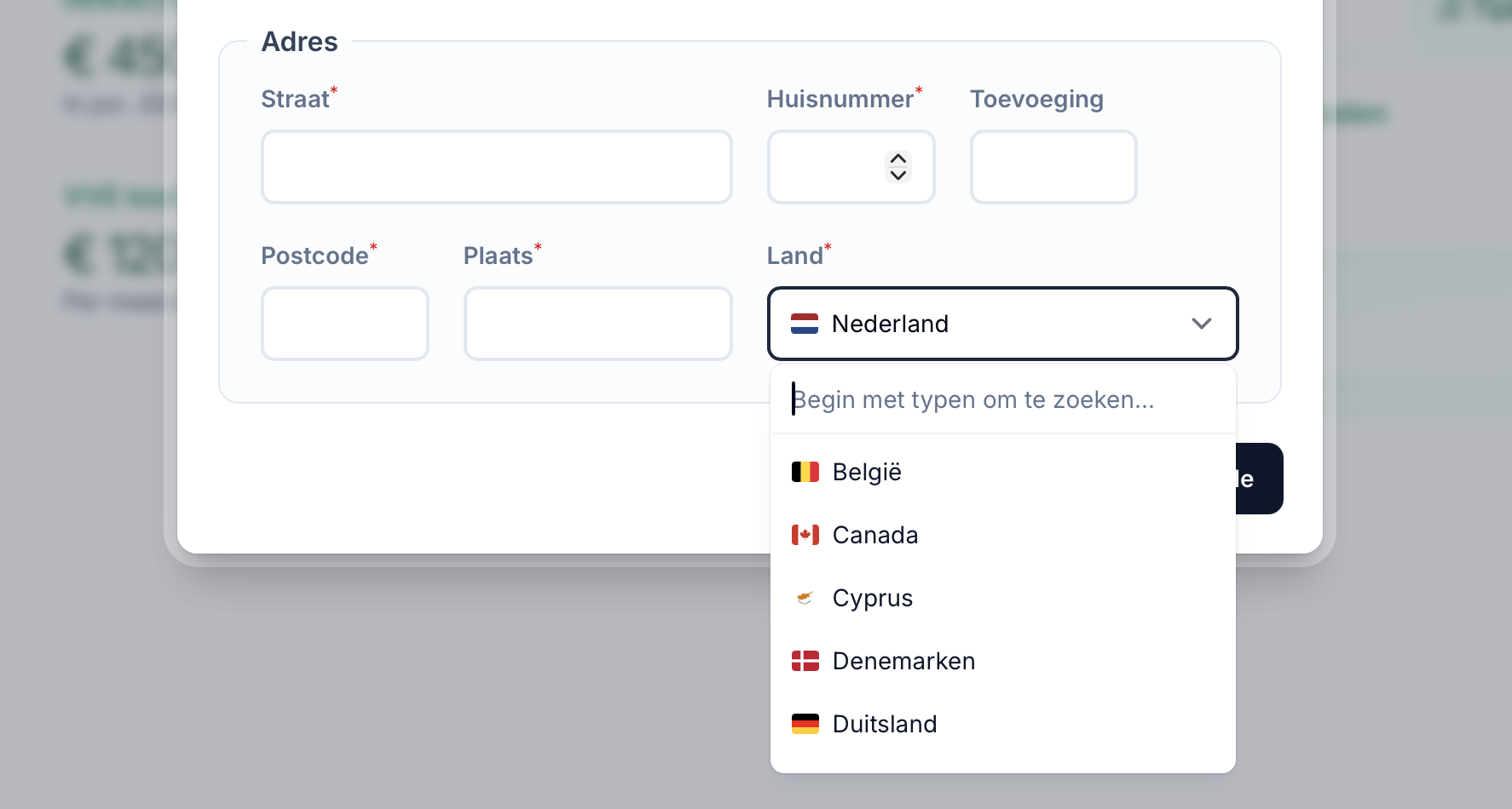 Land kiezen voor een adres in Lumeo