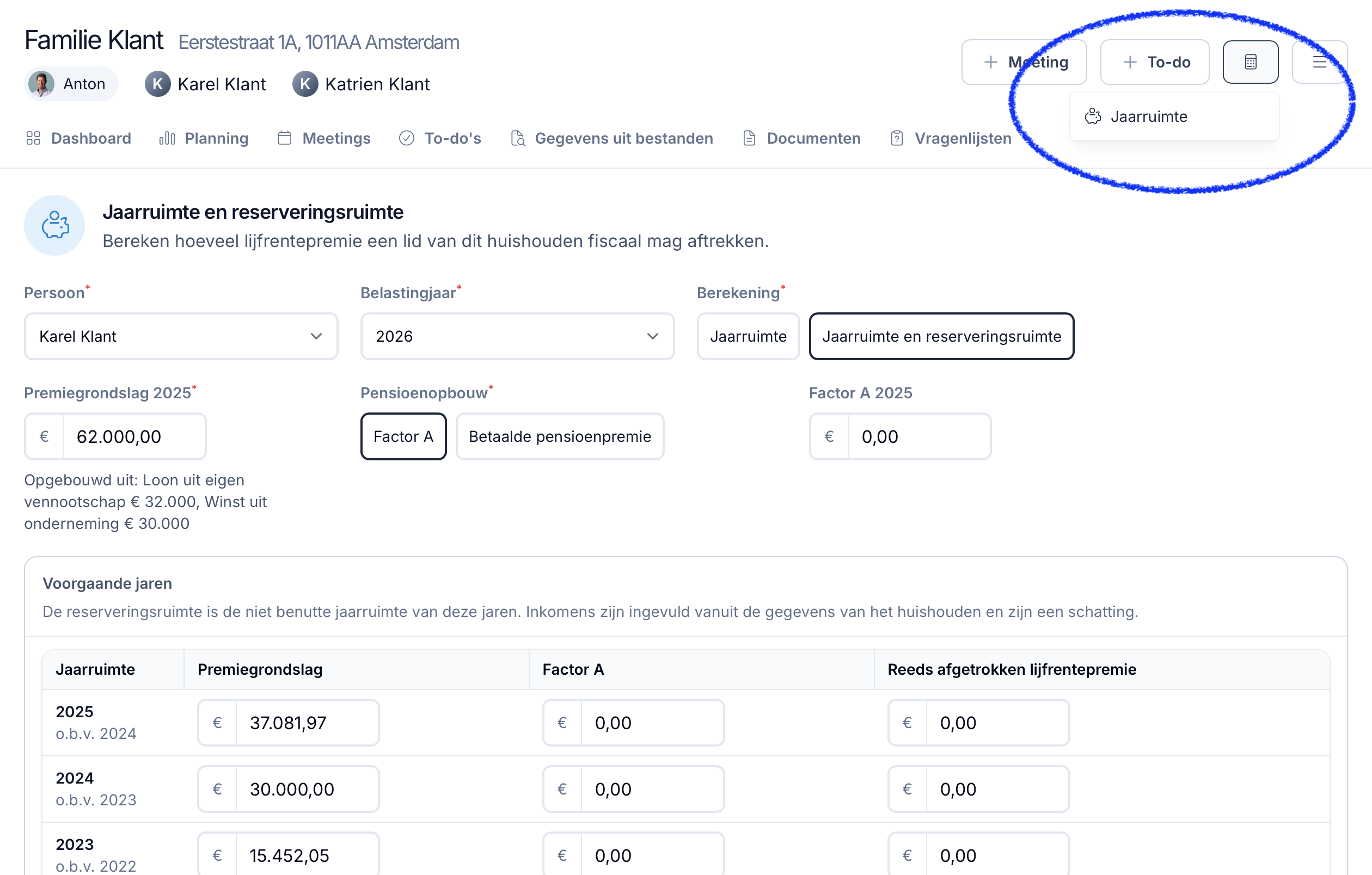 Open de Jaarruimte calculator vanaf het nieuwe menu