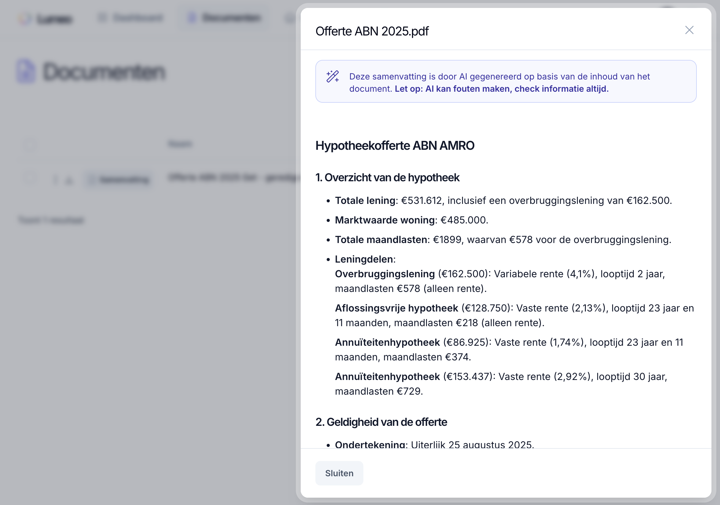 Overzichtspagina van het klant dashboard van Lumeo met financiële gegevens