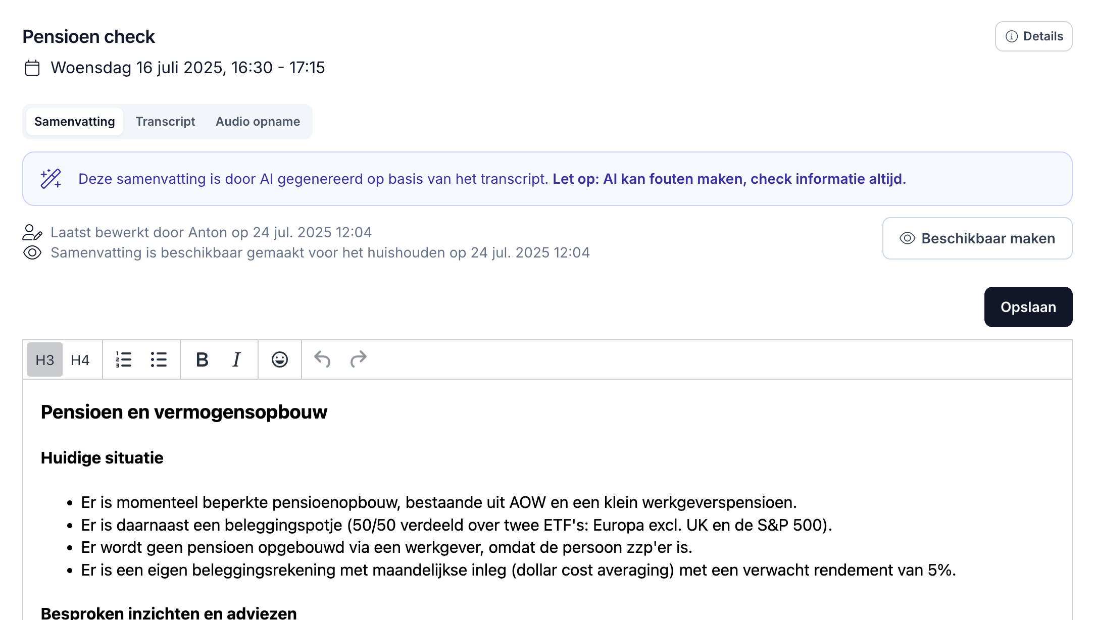 Overzicht van meetings