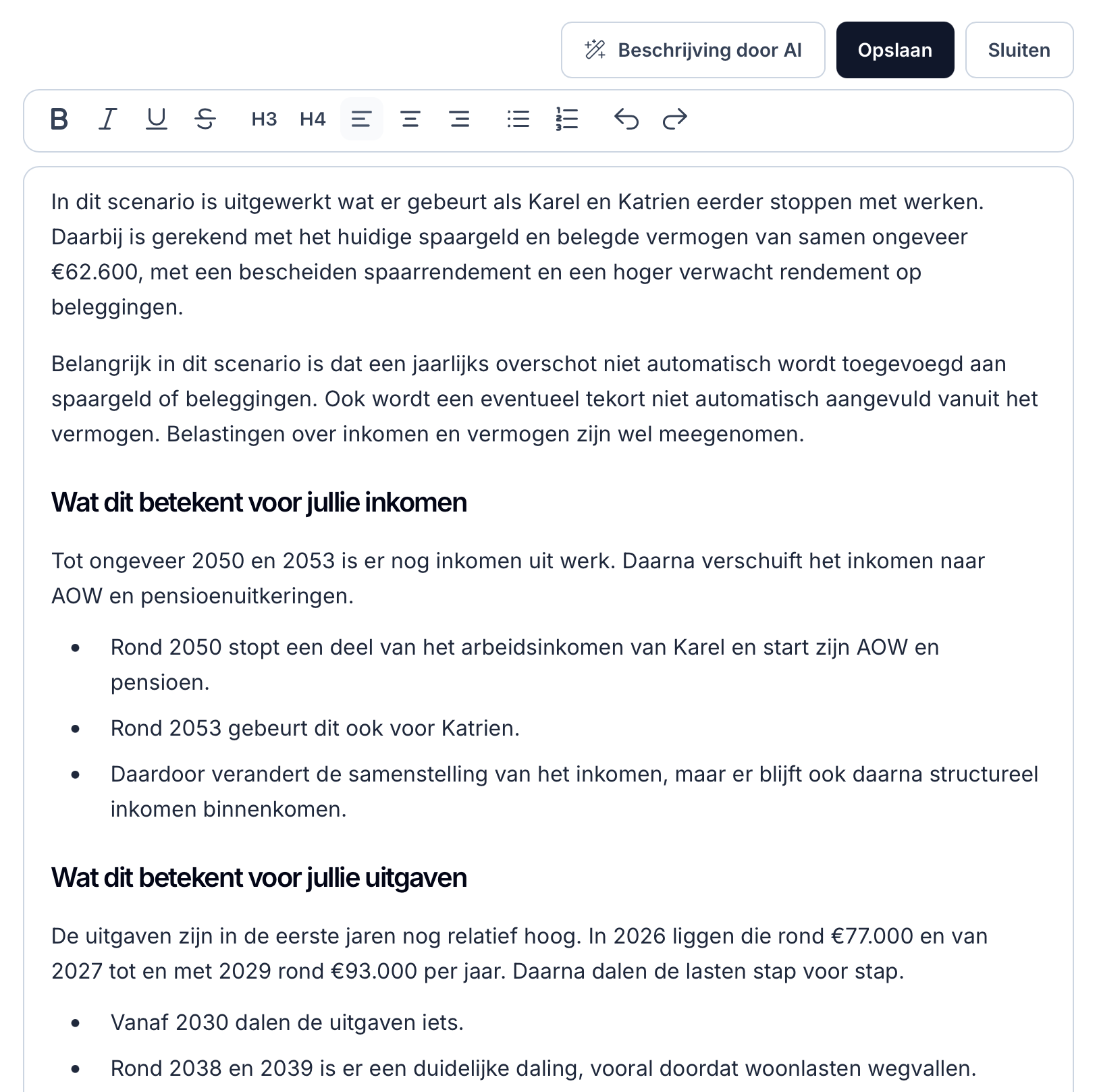 AI-beschrijving van een financieel plan in Lumeo