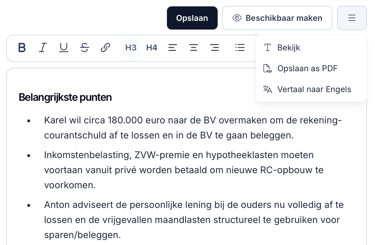 AI functies voor financieel adviseurs in Lumeo
