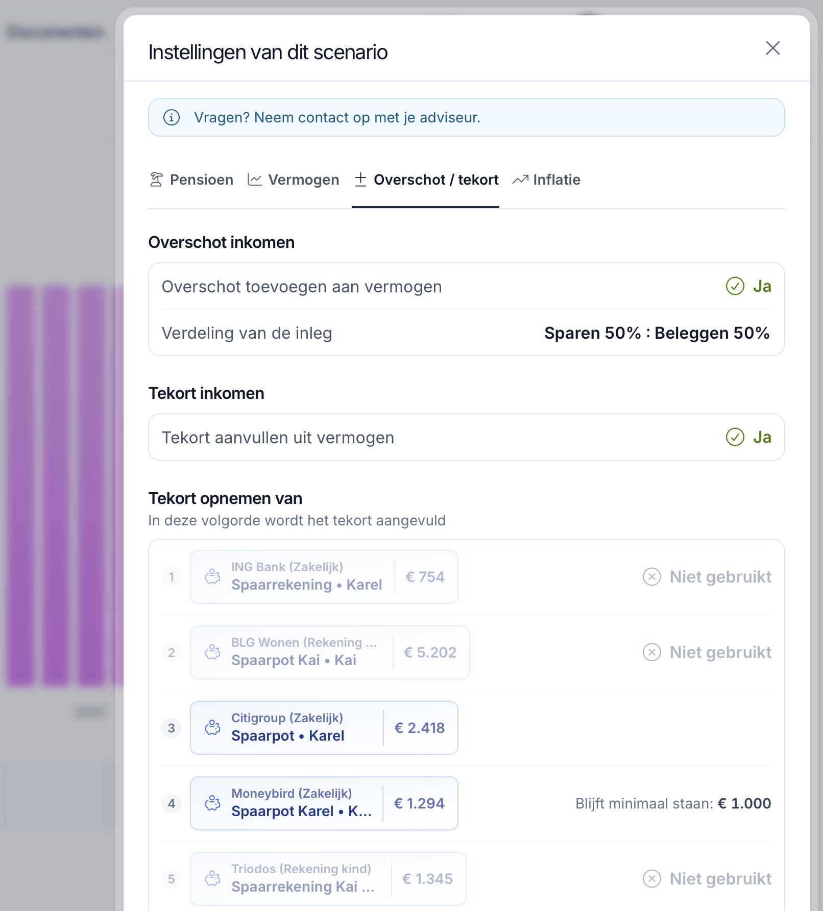 Instellingen voor het delen van een financieel plan met de klant