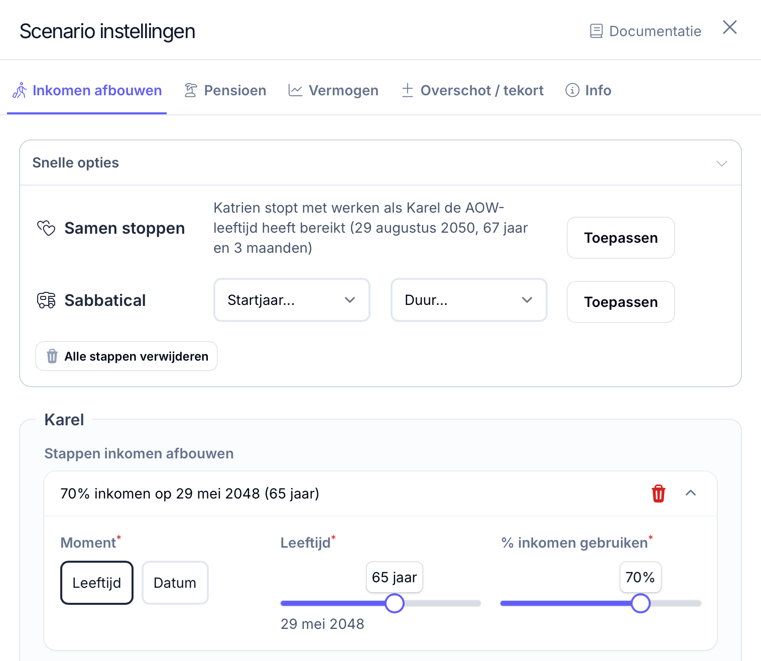 Scenario instellingen om inkomen af te bouwen richting pensioen