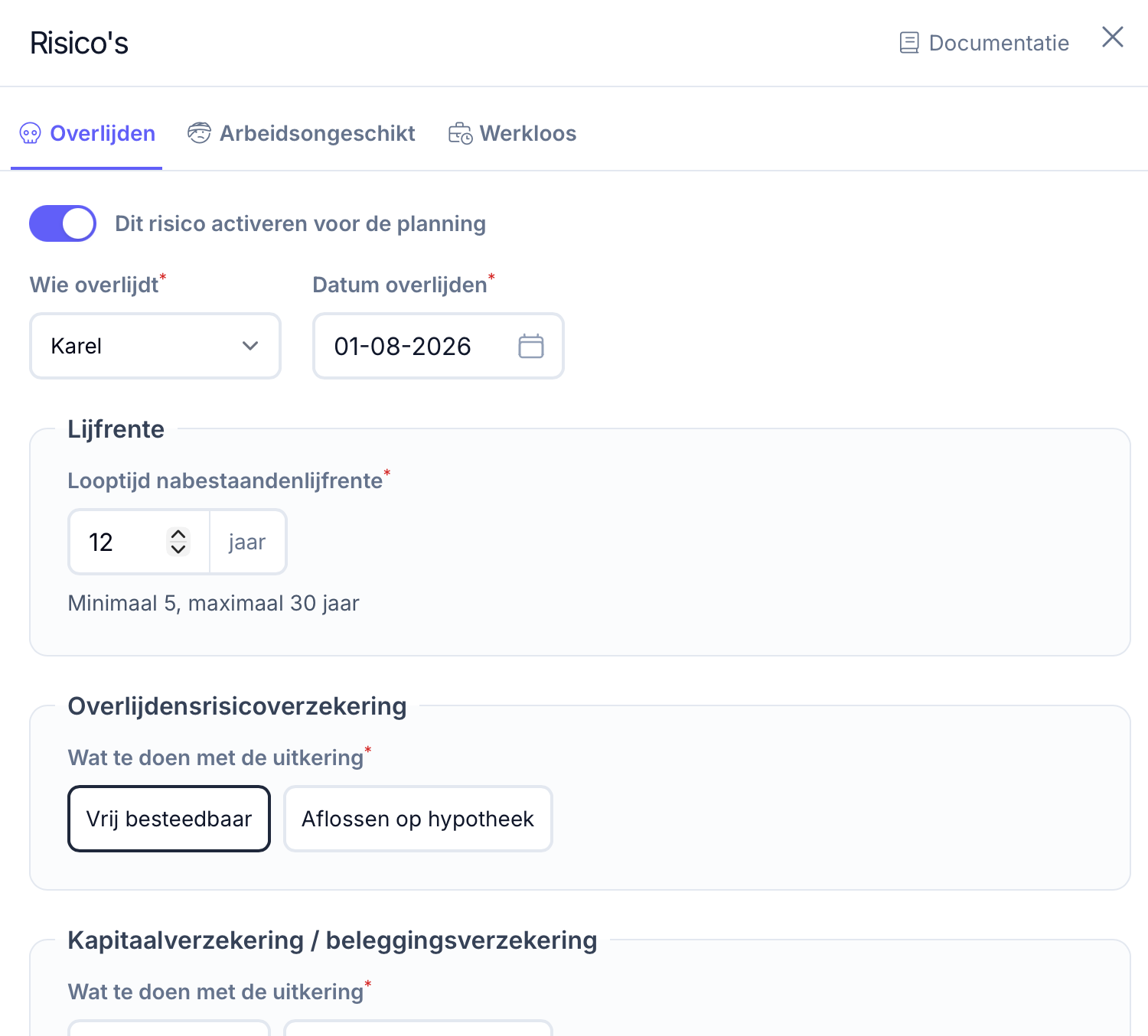 Scenario instellingen voor het risico overlijden in de financiële planning