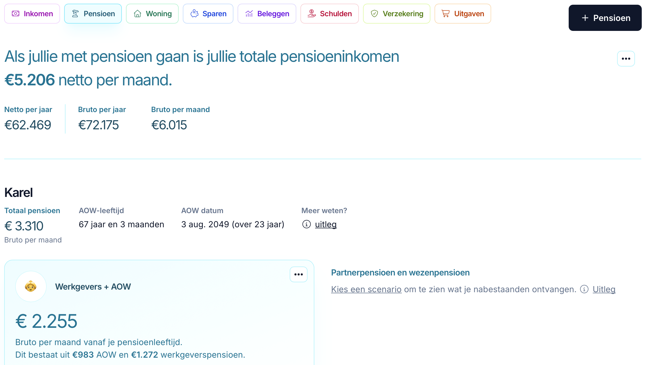 Pensioen overzicht in het klant dashboard
