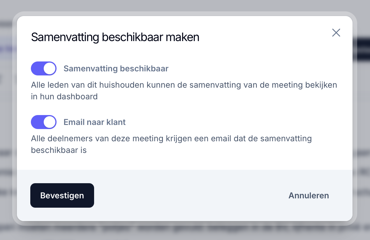 Samenvatting delen met klant in Lumeo
