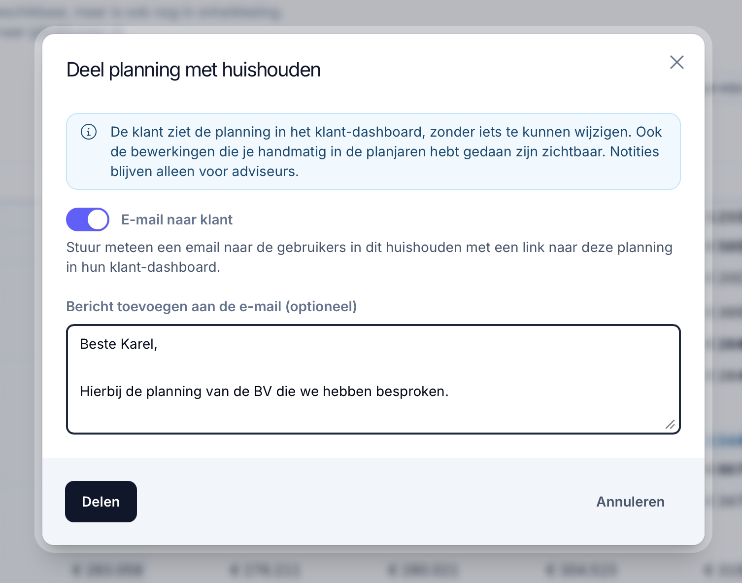 Planning van de BV delen met de klant, met een optionele e-mail