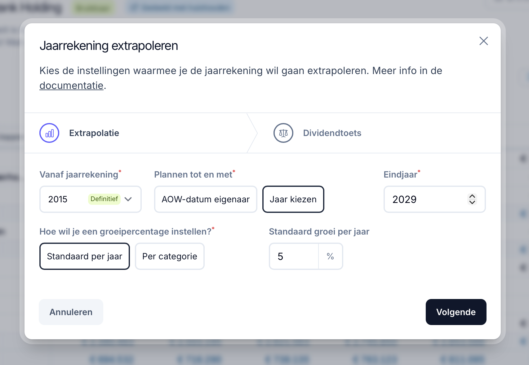 Jaarrekening extrapoleren: startjaar, planhorizon en groeipercentage kiezen