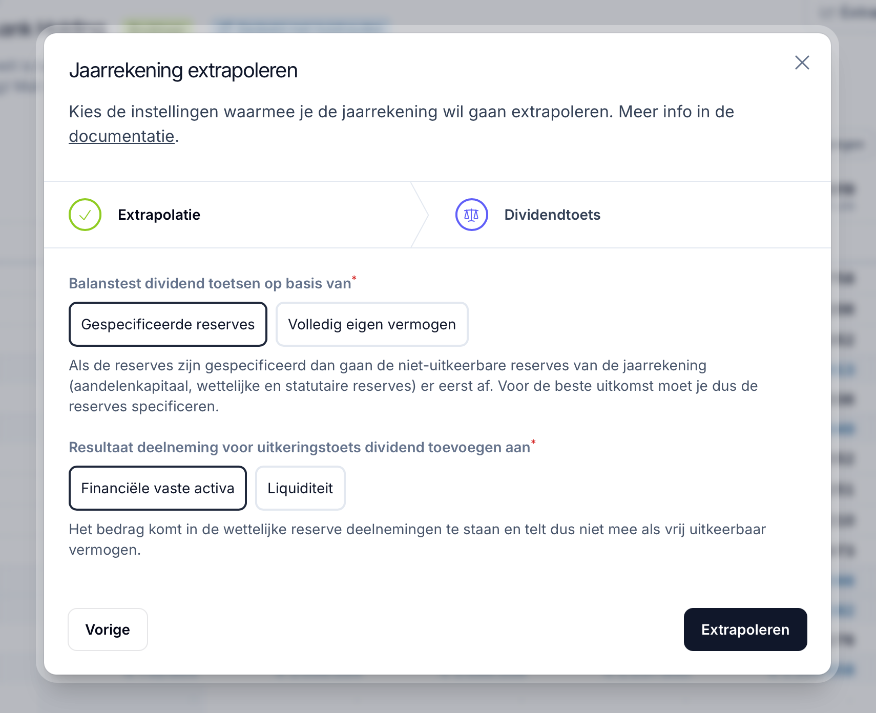 Jaarrekening extrapoleren: instellingen voor de balanstest van het dividend