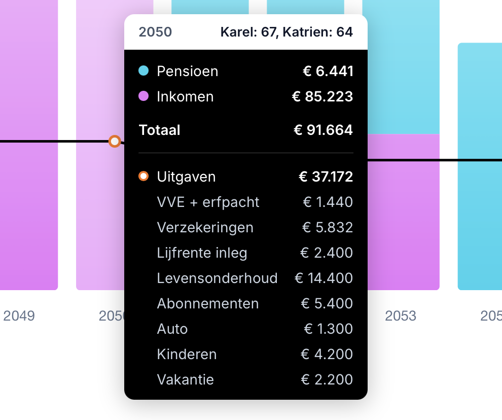 Detailoverzicht van inkomen per bron en uitgaven uitgesplitst per categorie per jaar