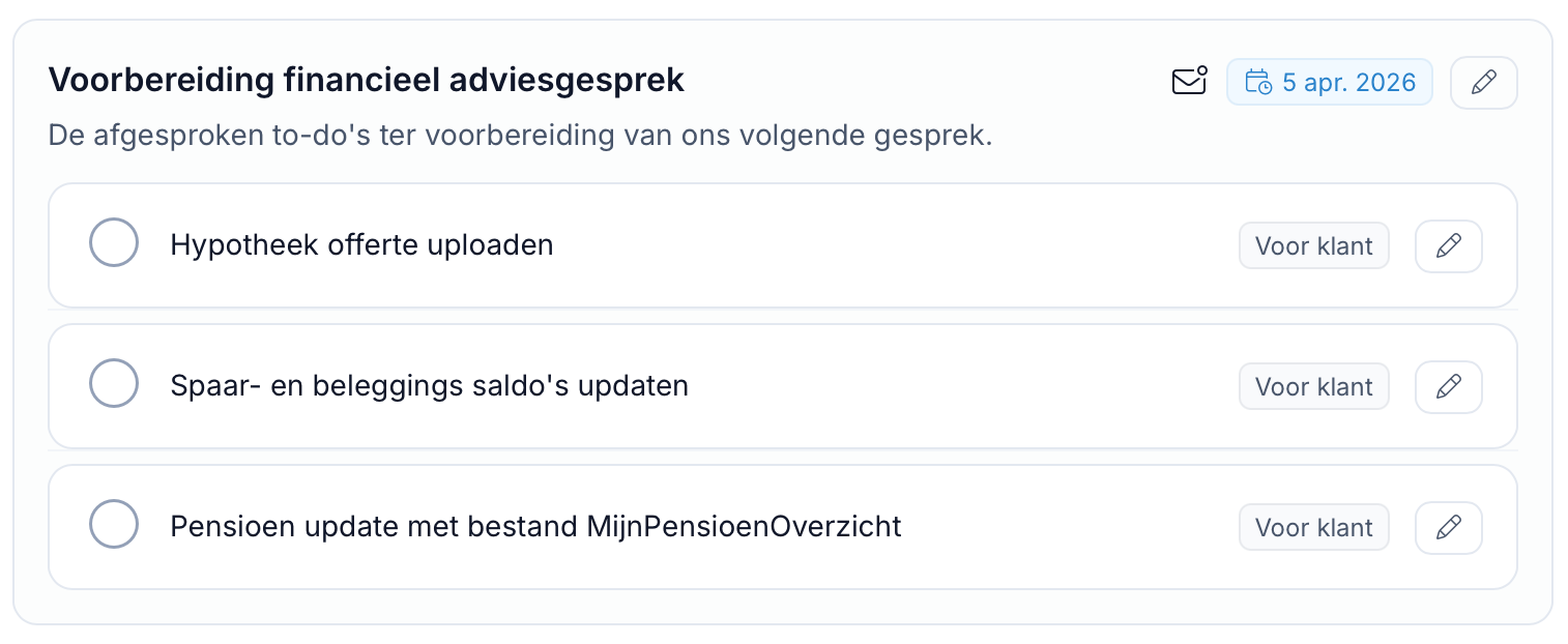 To-do's op het klantdashboard in Lumeo