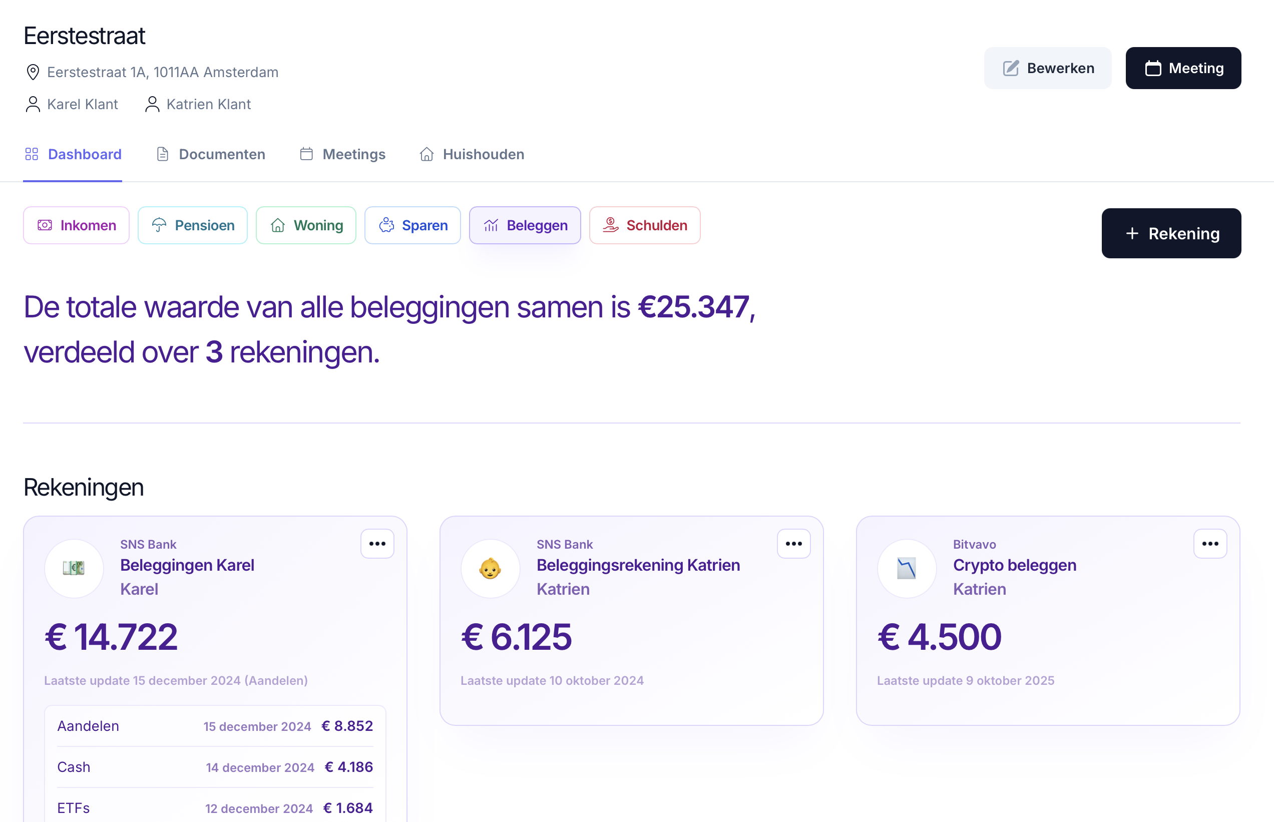 Adviseur dashboard met beleggingsoverzicht van de klant