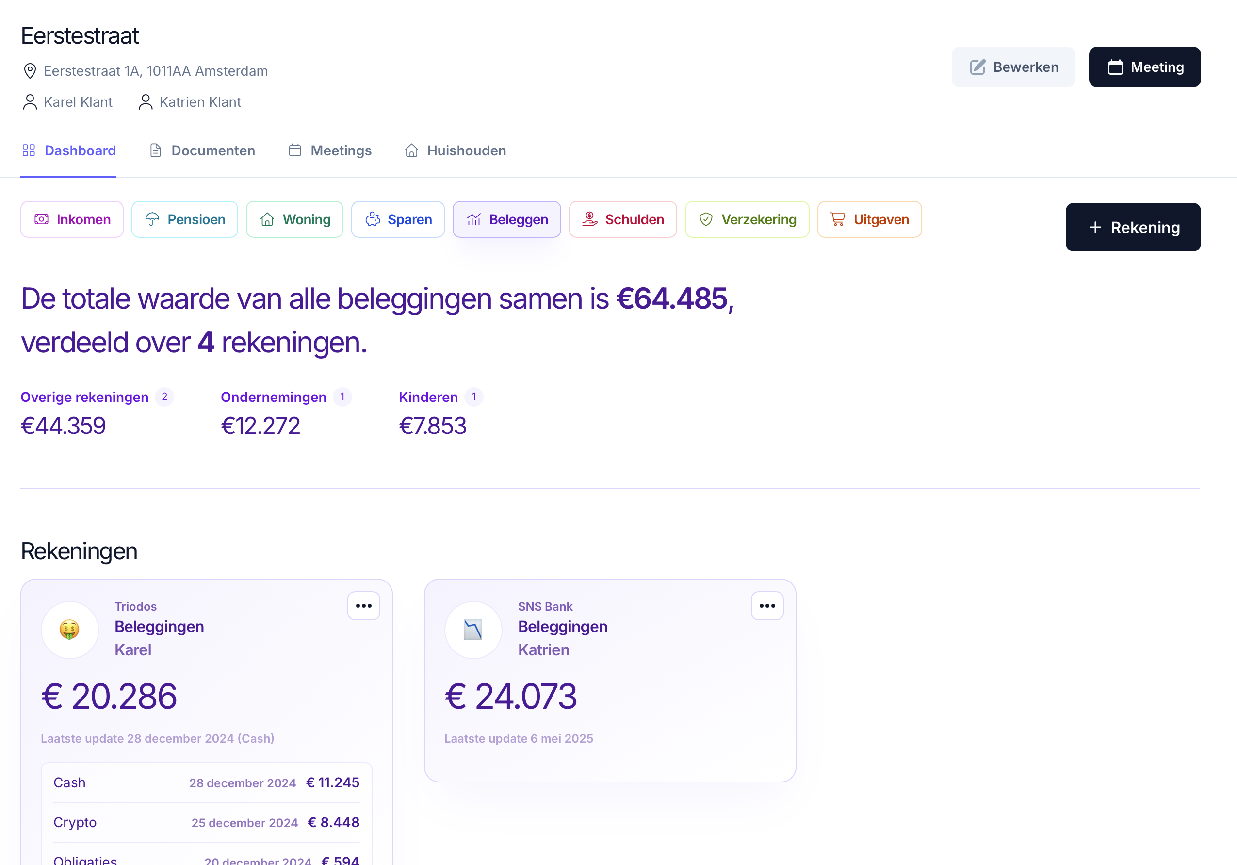 Adviseur dashboard met beleggingsoverzicht van de klant