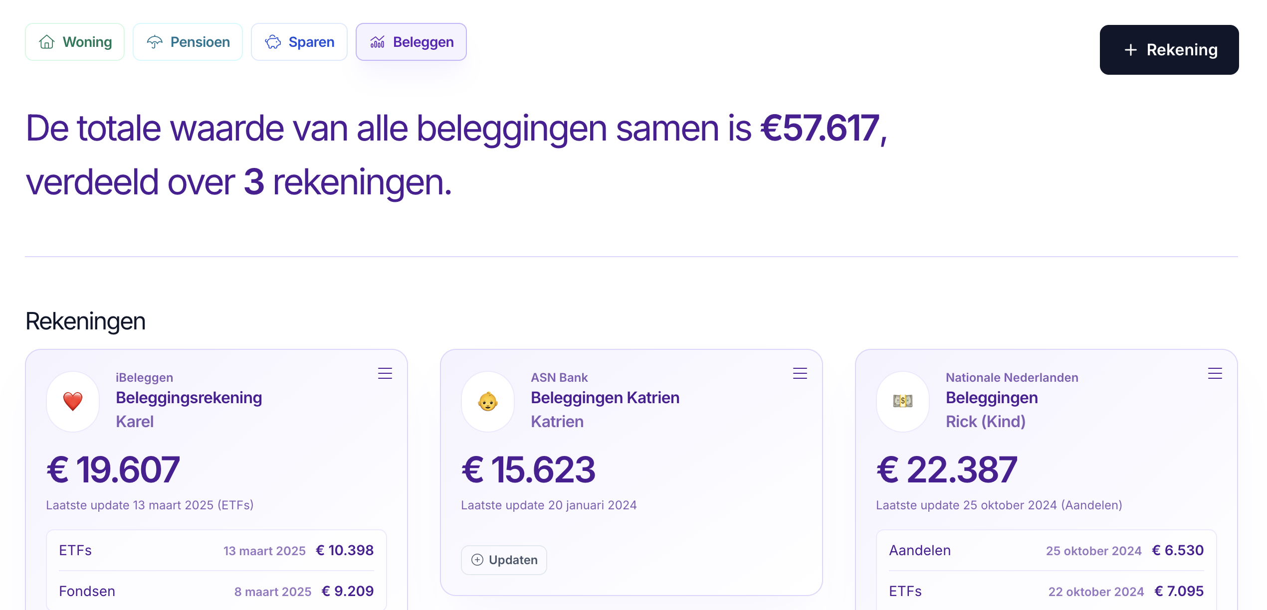 Beleggingsoverzicht met portefeuille informatie in Lumeo