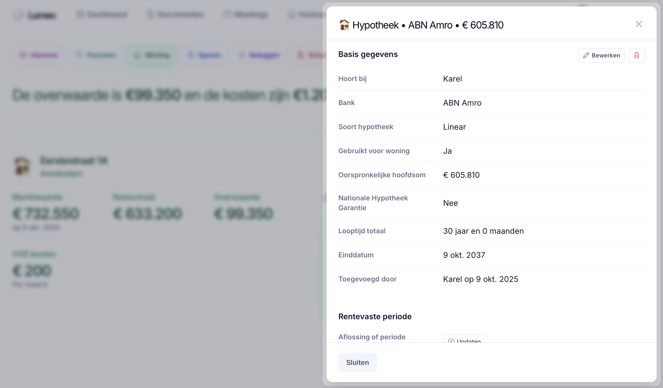 Hypotheek overzicht in het dashboard