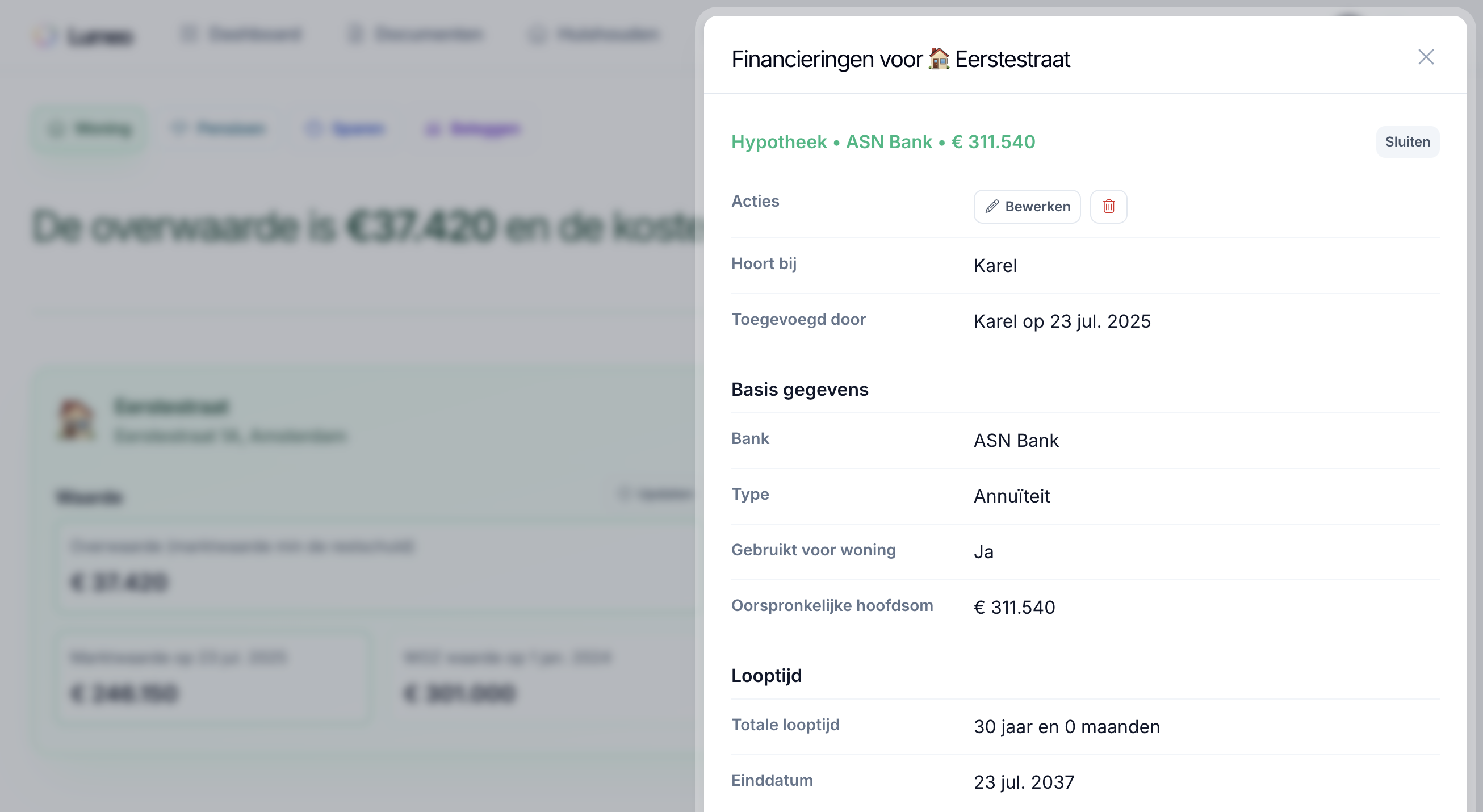Hypotheek en huisinformatie overzicht in het dashboard