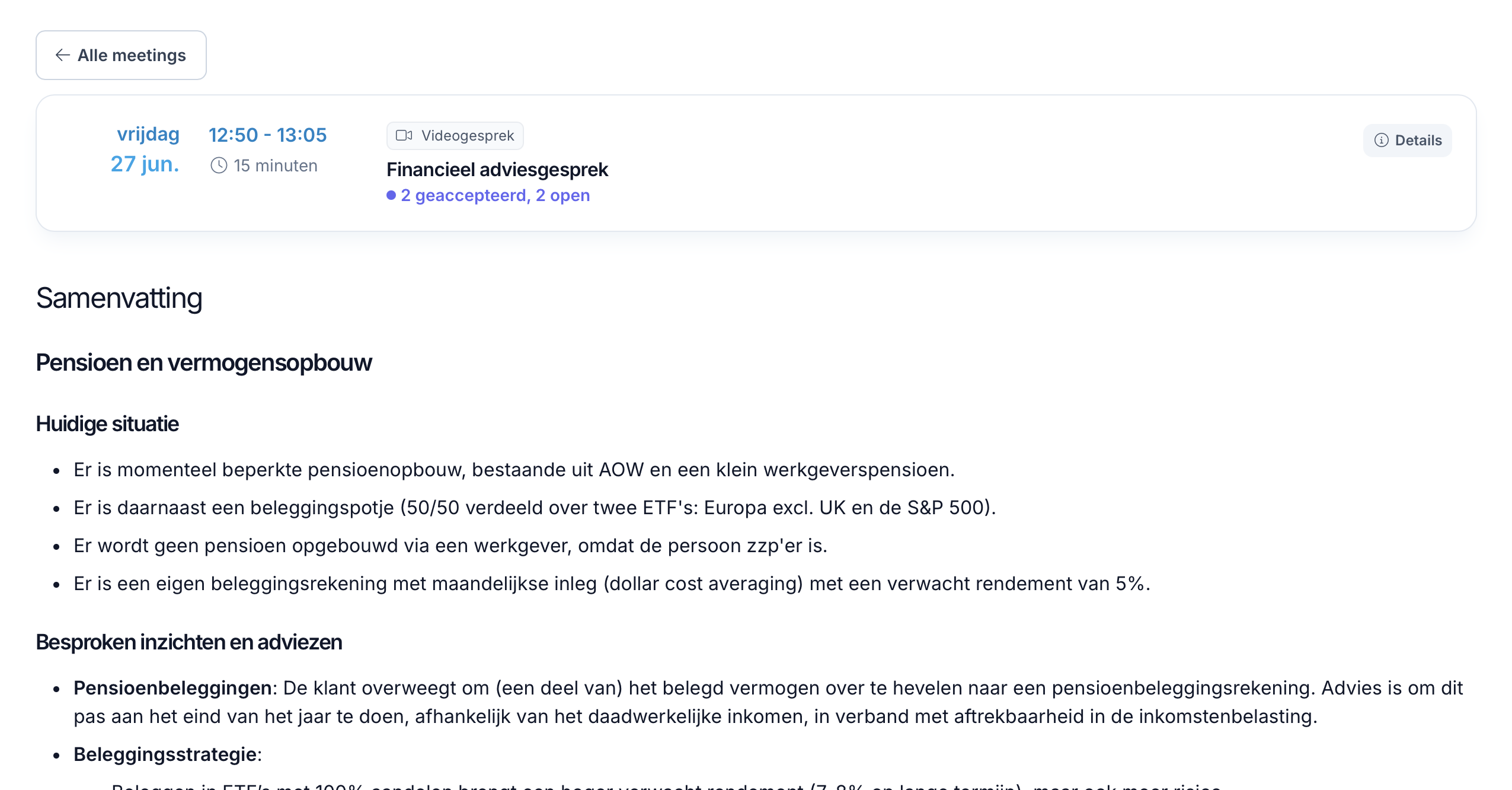 Automatische meeting samenvatting gegenereerd door AI in Lumeo