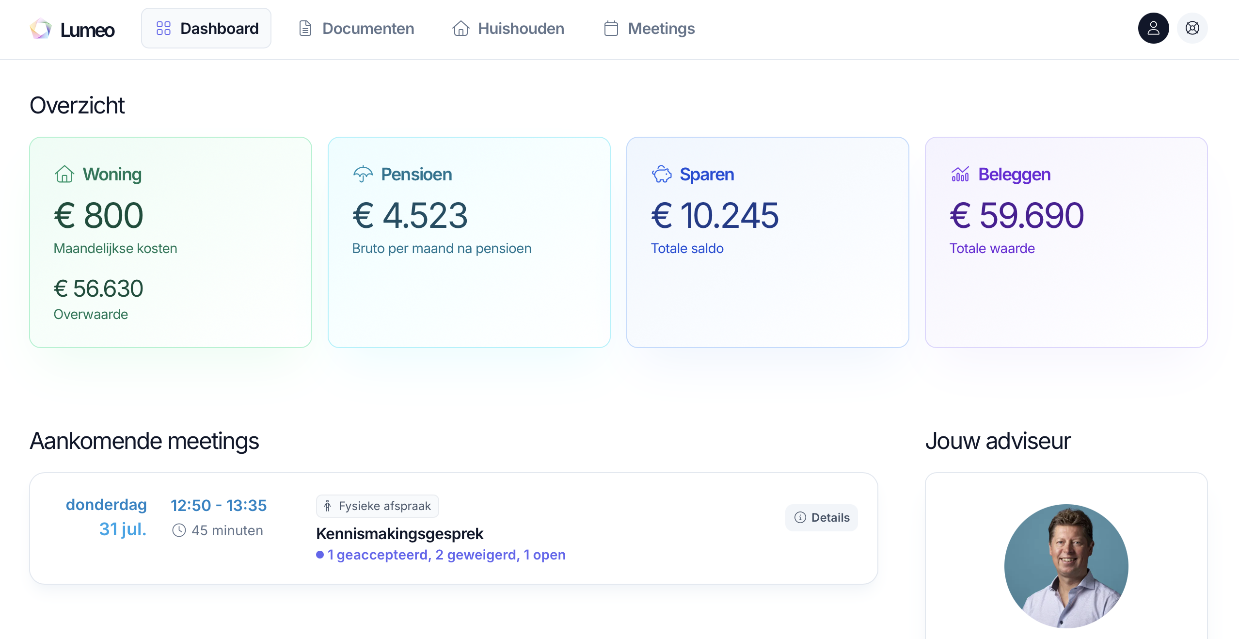 Overzichtspagina van het klant dashboard van Lumeo met financiële gegevens