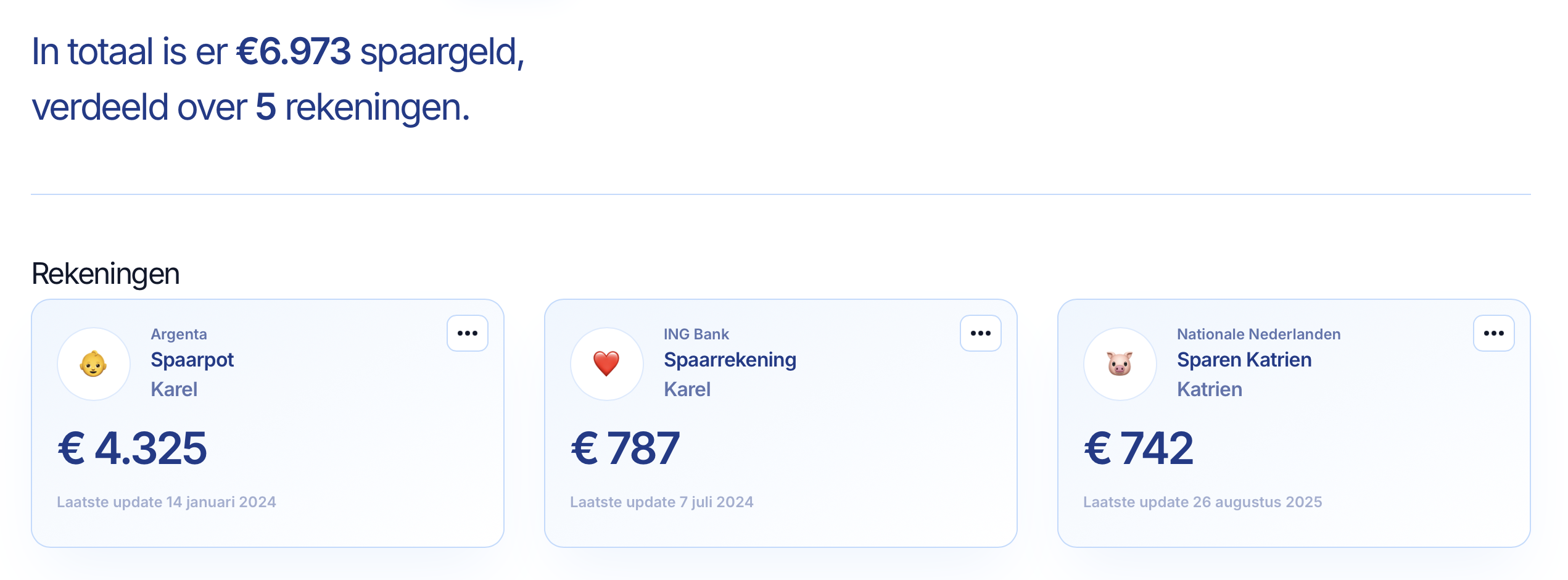 Spaaroverzicht met verschillende spaarrekeningen in Lumeo