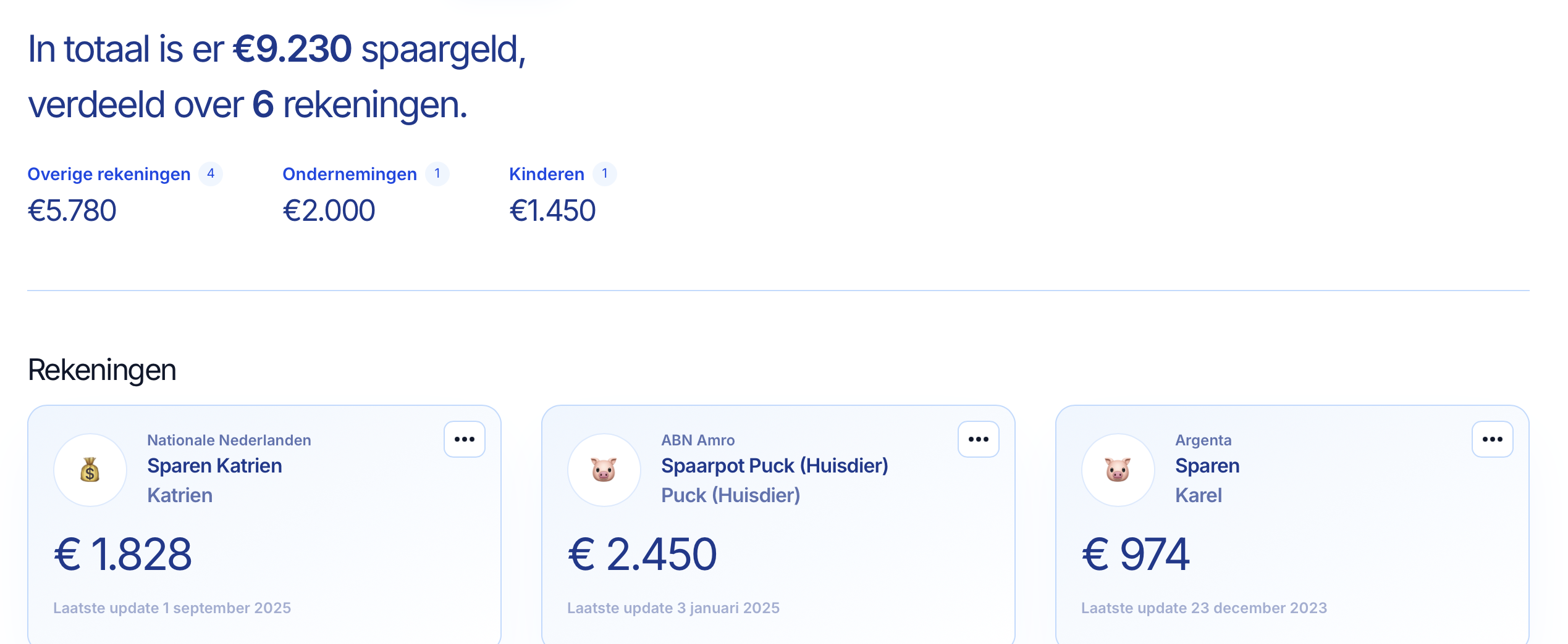Spaaroverzicht met verschillende spaarrekeningen in Lumeo