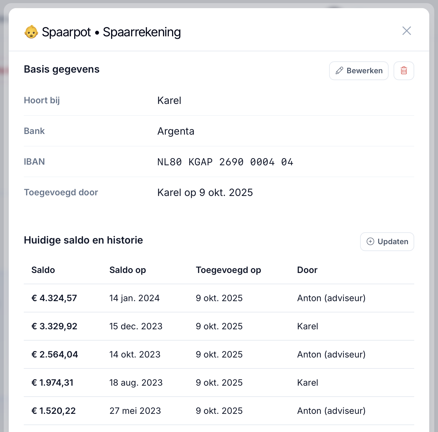 Spaarrekening saldo bijwerken in het dashboard