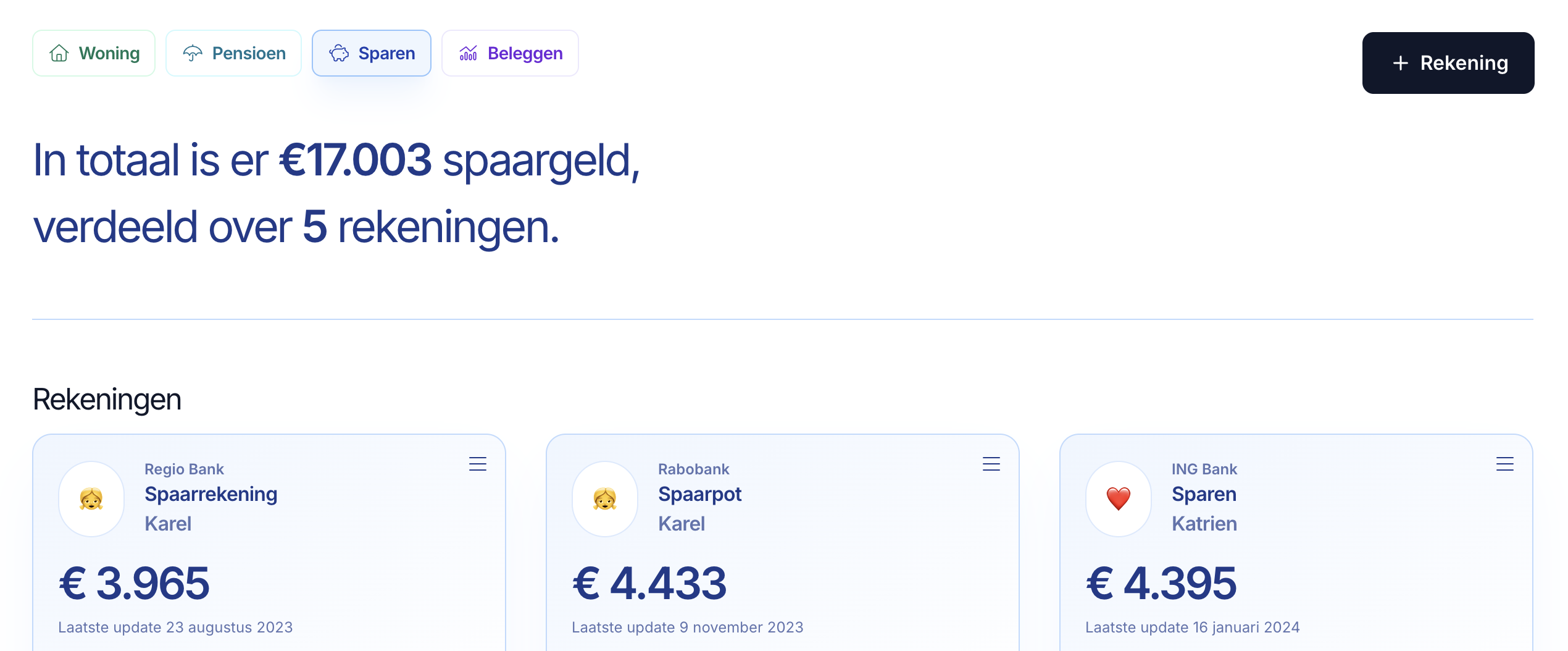 Spaaroverzicht met verschillende spaarrekeningen in Lumeo